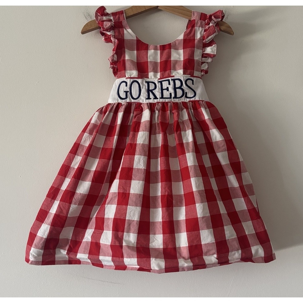 Ole Miss Rebels " GO REBS" Smockingbird Red Plaid Dress Girl Size 3T Preppy